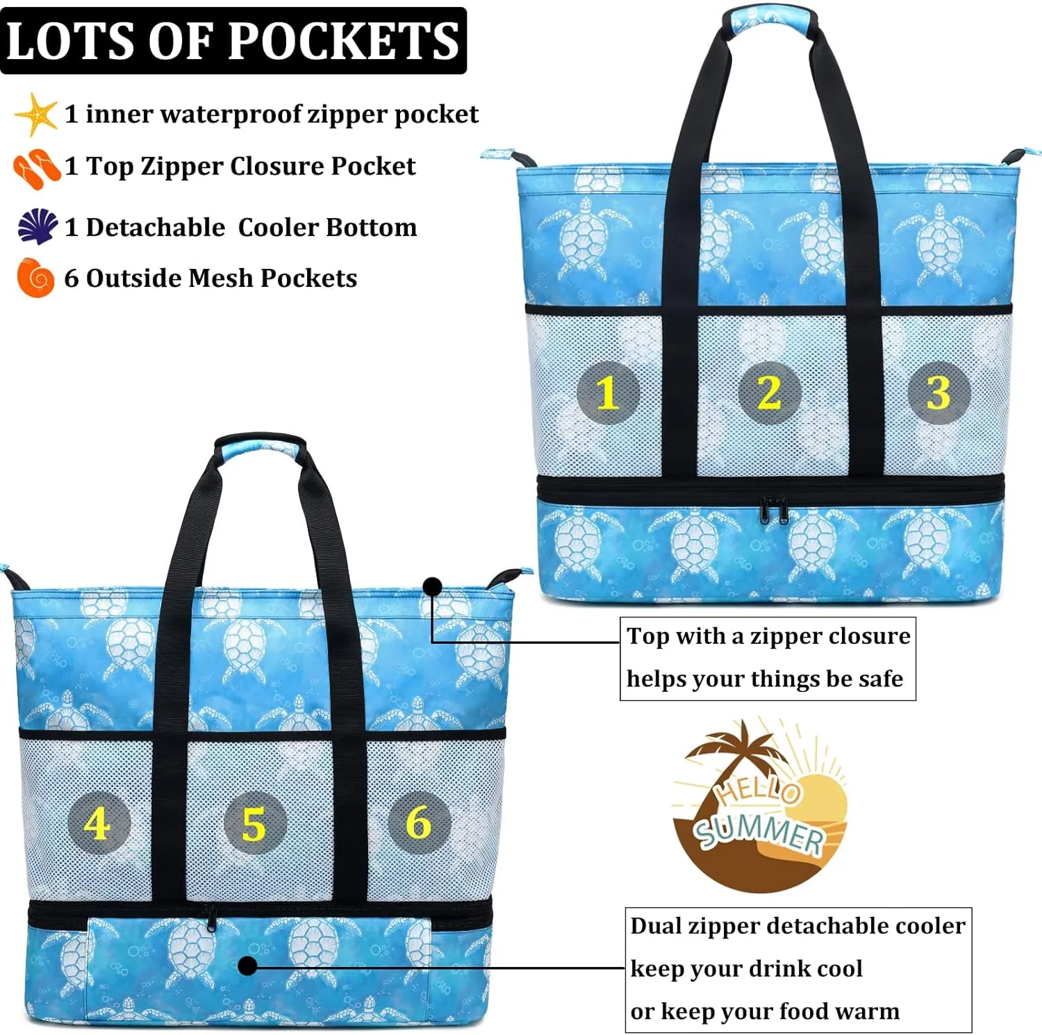 JIANYA Beach Bag Women Waterproof Sandproof Beach Tote Bags with Cooler Top Zipper Large Totes for Pool Travel Daily
