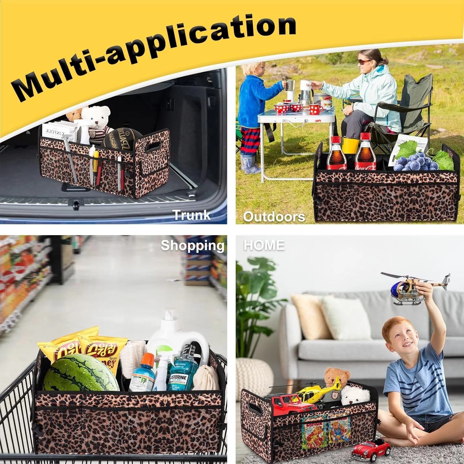 JiatuA Car Trunk Organizers and Storage Collapsible Multi Compartment Container Box, Adjustable Car Accessories for SUV Sedan Truck, Large Size, Leopard Print