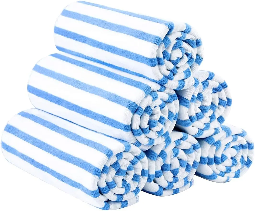 JML Beach Towels, Microfiber Bath Towel Set, 6 Pack, 30" x 60", Cabana Stripe, Absorbent, Quick Dry for Adults, Travel, Summer, Sport, Swimming, Pool, Yoga, Camping, Stripe Blue and White