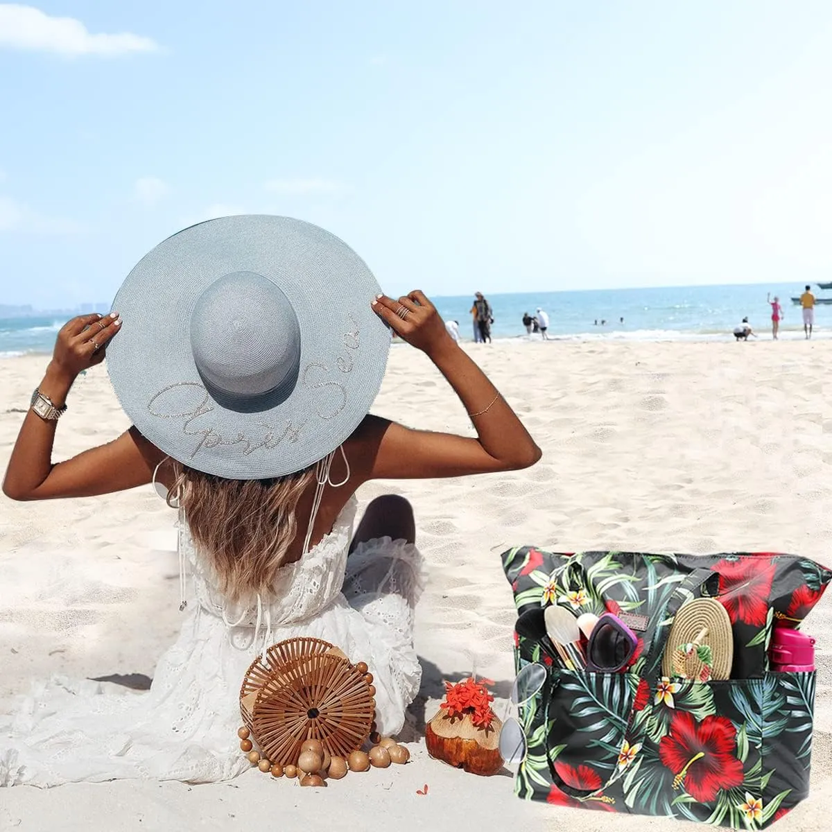 JNF Extra Large Beach Bag for Women Waterproof Foldable Pool Beach Tote Bags with Zipper for Swim Gym Travel Daily