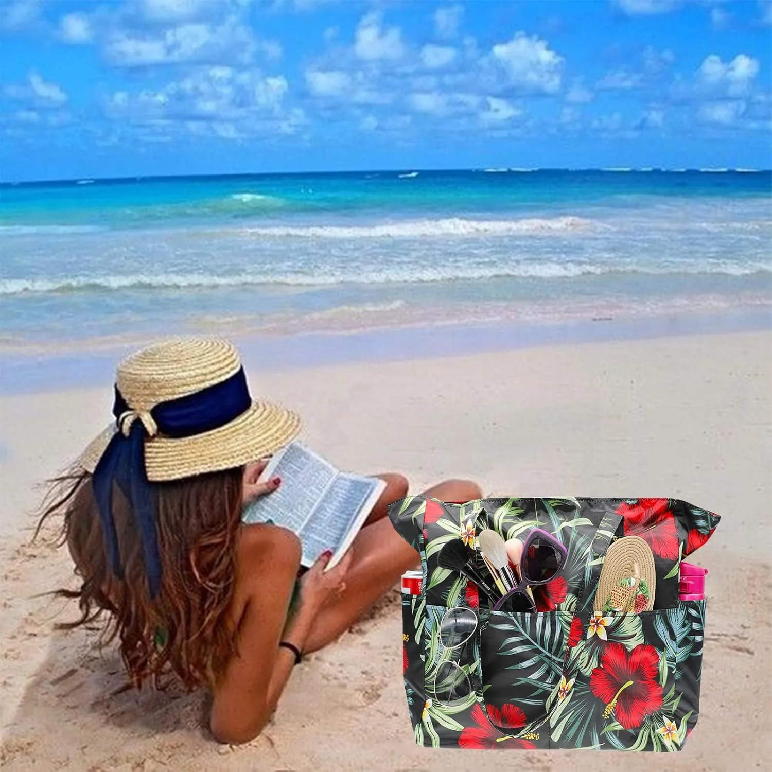 JNF Extra Large Beach Bag for Women Waterproof Foldable Pool Beach Tote Bags with Zipper for Swim Gym Travel Daily