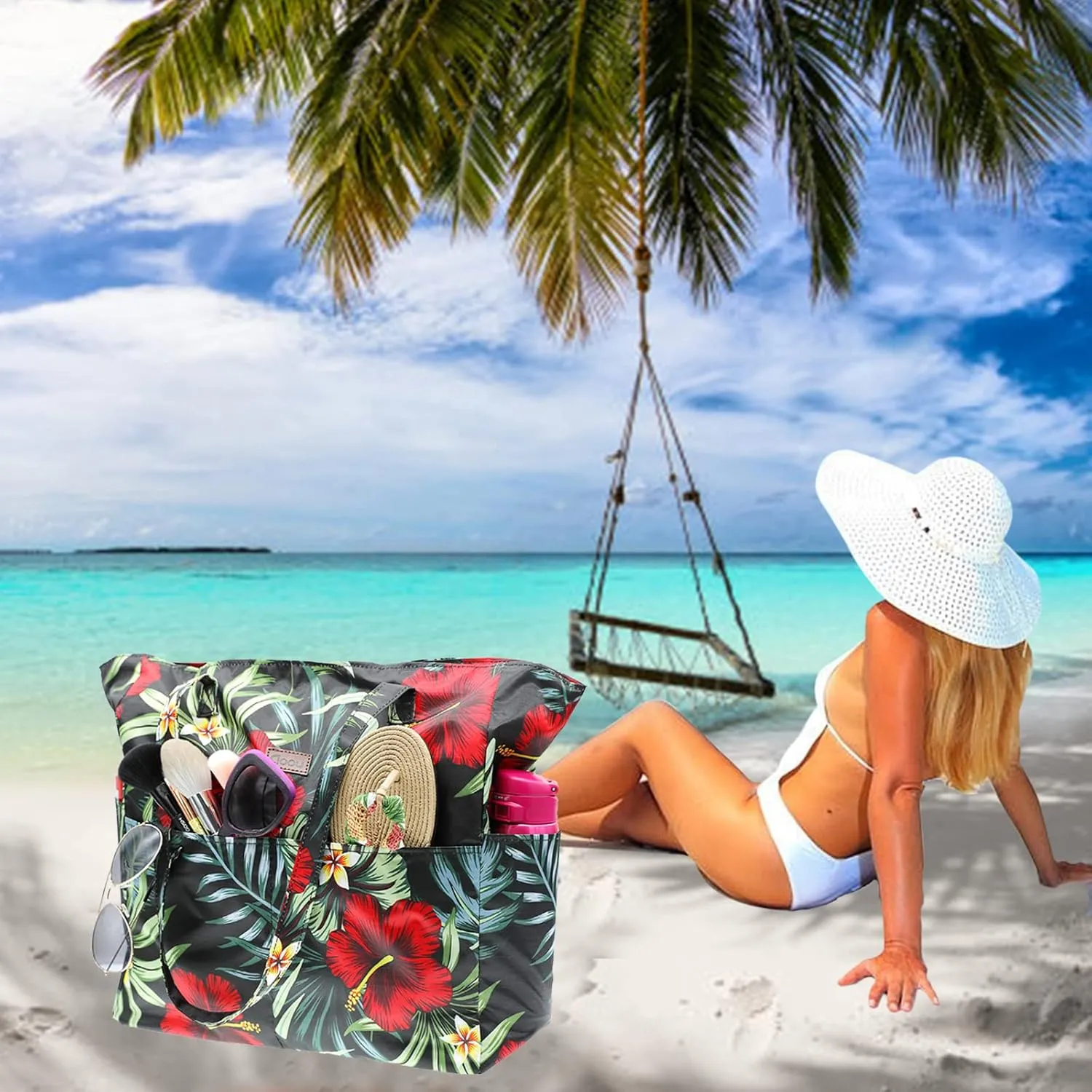 JNF Extra Large Beach Bag for Women Waterproof Foldable Pool Beach Tote Bags with Zipper for Swim Gym Travel Daily
