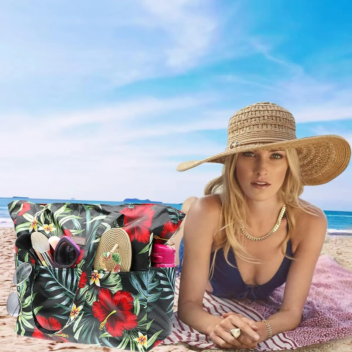 JNF Extra Large Beach Bag for Women Waterproof Foldable Pool Beach Tote Bags with Zipper for Swim Gym Travel Daily