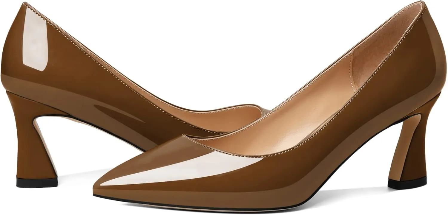Joseywade Women's Low Heel Pumps 2.5 Inch Closed Pointed Toe Kitten Heel Slip On Business Leather Flare Heel Dressy Shoes