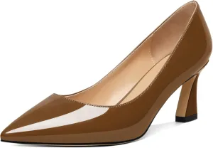 Joseywade Women's Low Heel Pumps 2.5 Inch Closed Pointed Toe Kitten Heel Slip On Business Leather Flare Heel Dressy Shoes