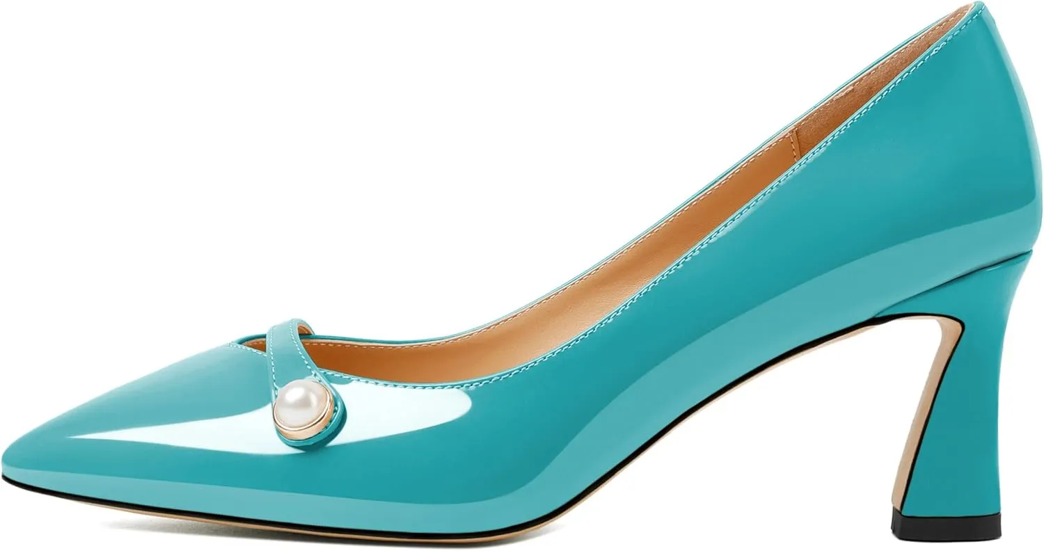 Joseywade Women's Low Heel Pumps 2.5 Inch Closed Pointed Toe Kitten Heels Slip On Business Pearl Dressy Shoes