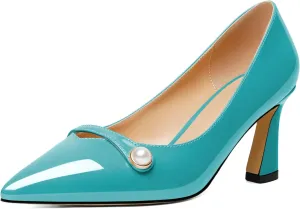 Joseywade Women's Low Heel Pumps 2.5 Inch Closed Pointed Toe Kitten Heels Slip On Business Pearl Dressy Shoes