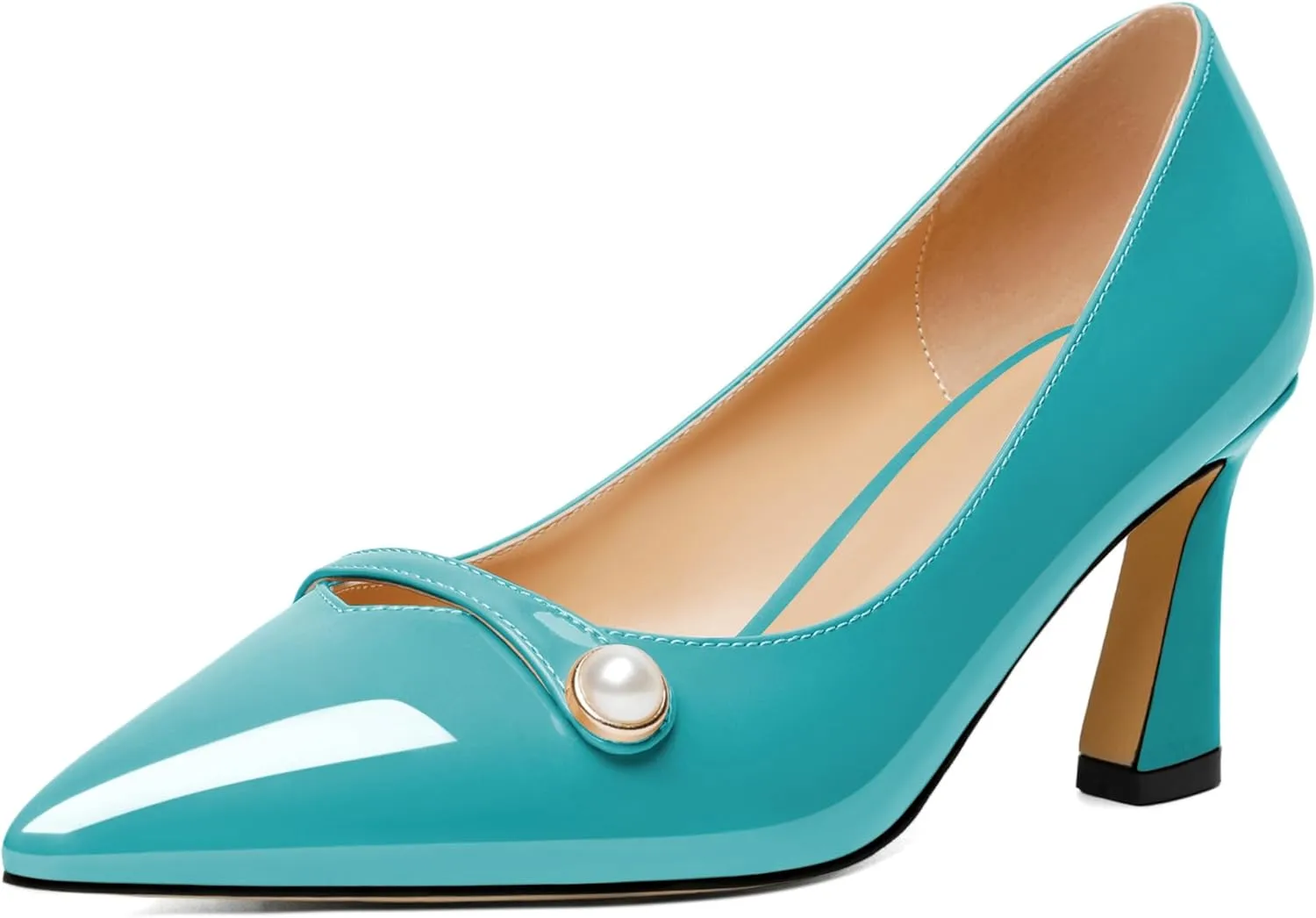 Joseywade Women's Low Heel Pumps 2.5 Inch Closed Pointed Toe Kitten Heels Slip On Business Pearl Dressy Shoes