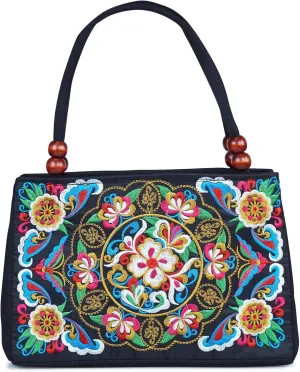 Jursccu Double-Sided Embroidery Totes Bag Travel Beach Bag Vintage Embroidery Ethnic Shoulder Bags