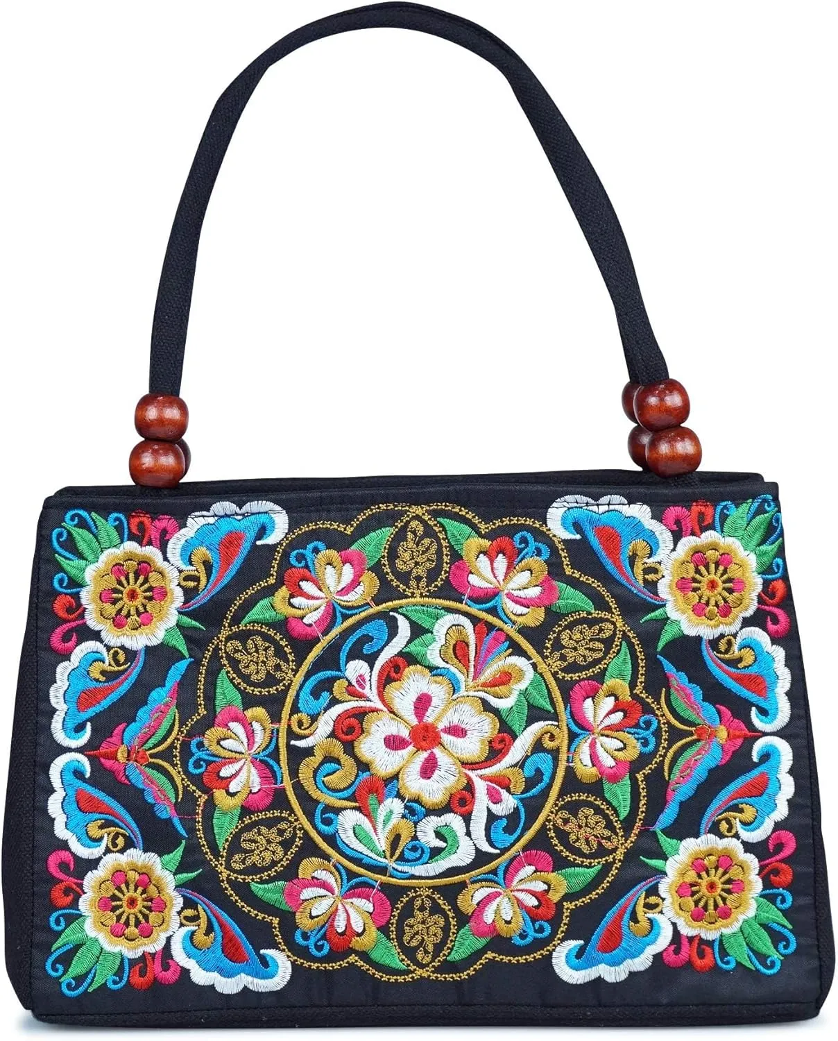 Jursccu Double-Sided Embroidery Totes Bag Travel Beach Bag Vintage Embroidery Ethnic Shoulder Bags