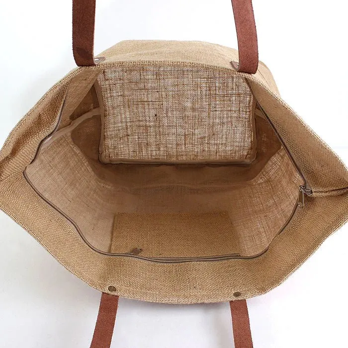 JUTE Leather Handle Jute Burlap Tote