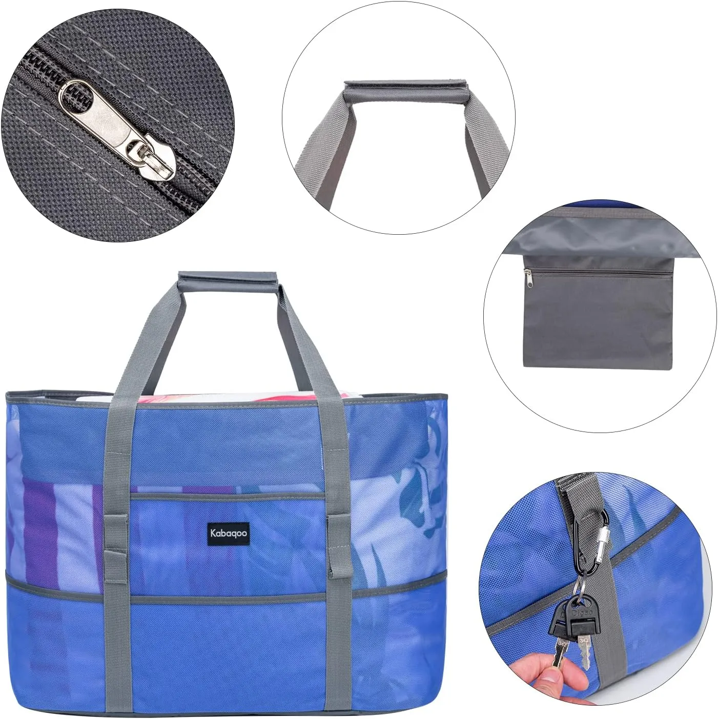 KABAQOO Mesh Beach Bag, Extra Large Beach Bags with 9 Pockets & Zipper Waterproof Lightweight Beach Tote for Beach/Pool Trip