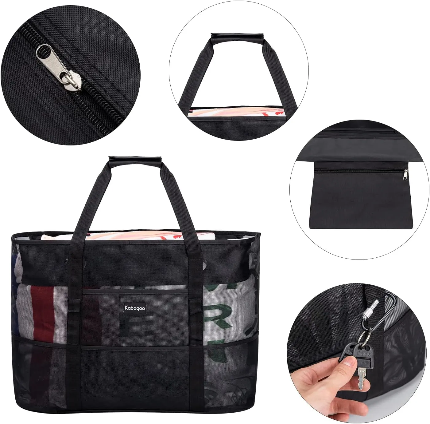 KABAQOO Mesh Beach Bag, Extra Large Beach Bags with 9 Pockets & Zipper Waterproof Lightweight Beach Tote for Beach/Pool Trip