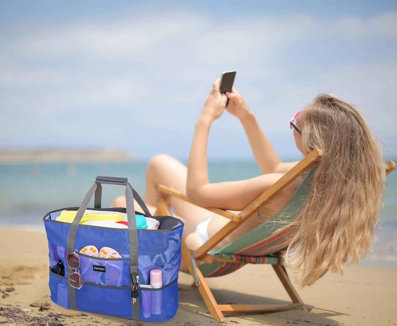 KABAQOO Mesh Beach Bag, Extra Large Beach Bags with 9 Pockets & Zipper Waterproof Lightweight Beach Tote for Beach/Pool Trip