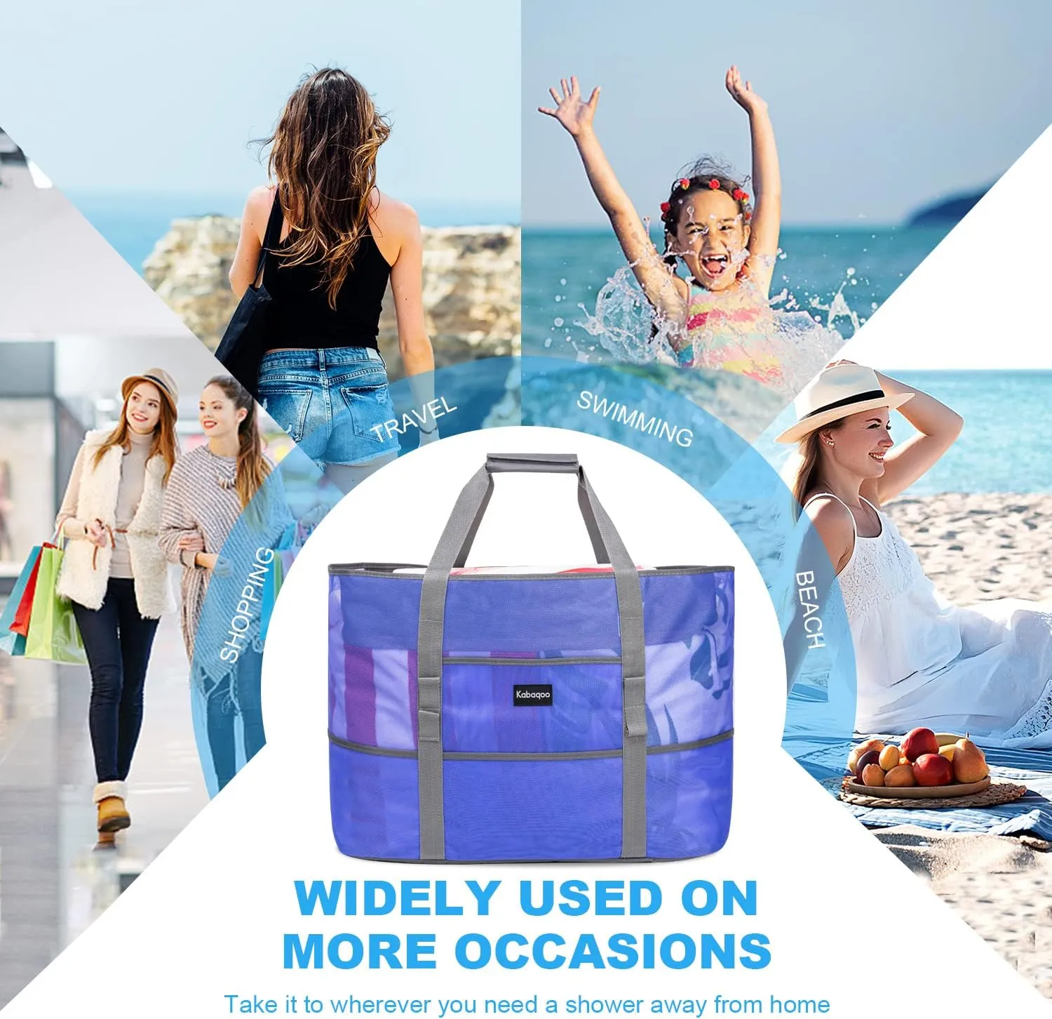 KABAQOO Mesh Beach Bag, Extra Large Beach Bags with 9 Pockets & Zipper Waterproof Lightweight Beach Tote for Beach/Pool Trip