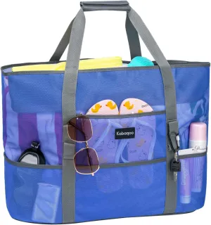 KABAQOO Mesh Beach Bag, Extra Large Beach Bags with 9 Pockets & Zipper Waterproof Lightweight Beach Tote for Beach/Pool Trip