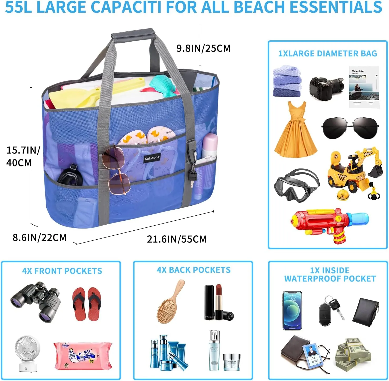 KABAQOO Mesh Beach Bag, Extra Large Beach Bags with 9 Pockets & Zipper Waterproof Lightweight Beach Tote for Beach/Pool Trip