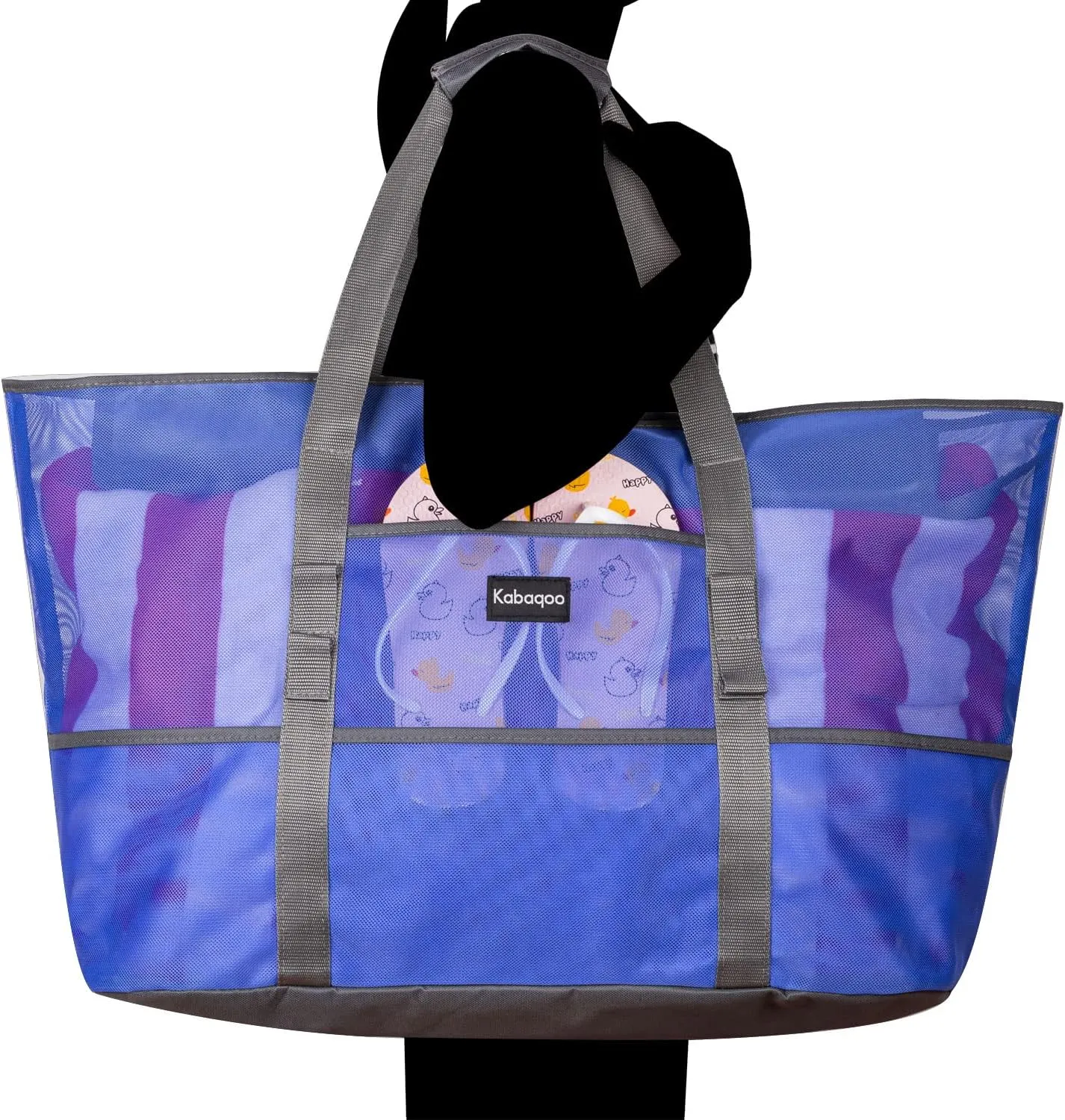 KABAQOO Mesh Beach Bag, Extra Large Beach Bags with 9 Pockets & Zipper Waterproof Lightweight Beach Tote for Beach/Pool Trip