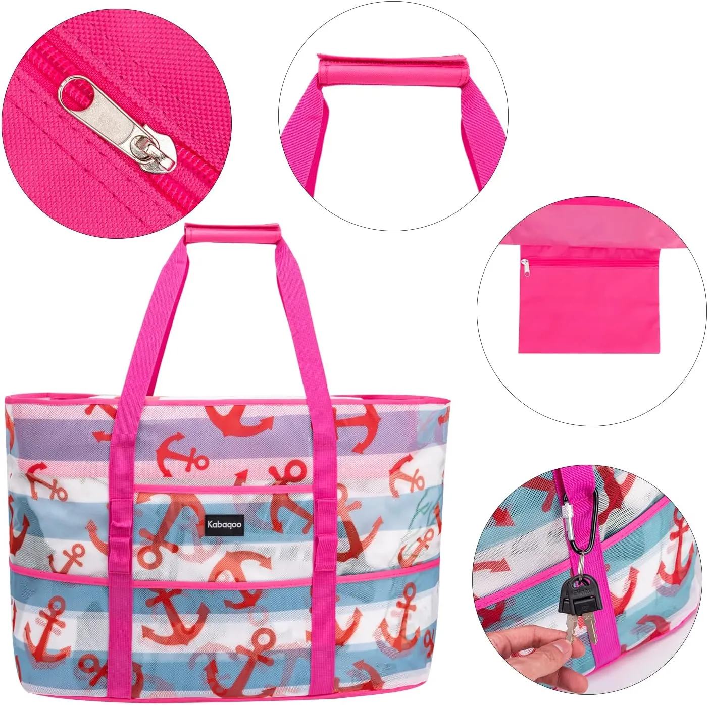 KABAQOO Mesh Beach Bag, Extra Large Beach Bags with 9 Pockets & Zipper Waterproof Lightweight Beach Tote for Beach/Pool Trip