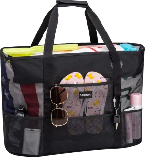 KABAQOO Mesh Beach Bag, Extra Large Beach Bags with 9 Pockets & Zipper Waterproof Lightweight Beach Tote for Beach/Pool Trip