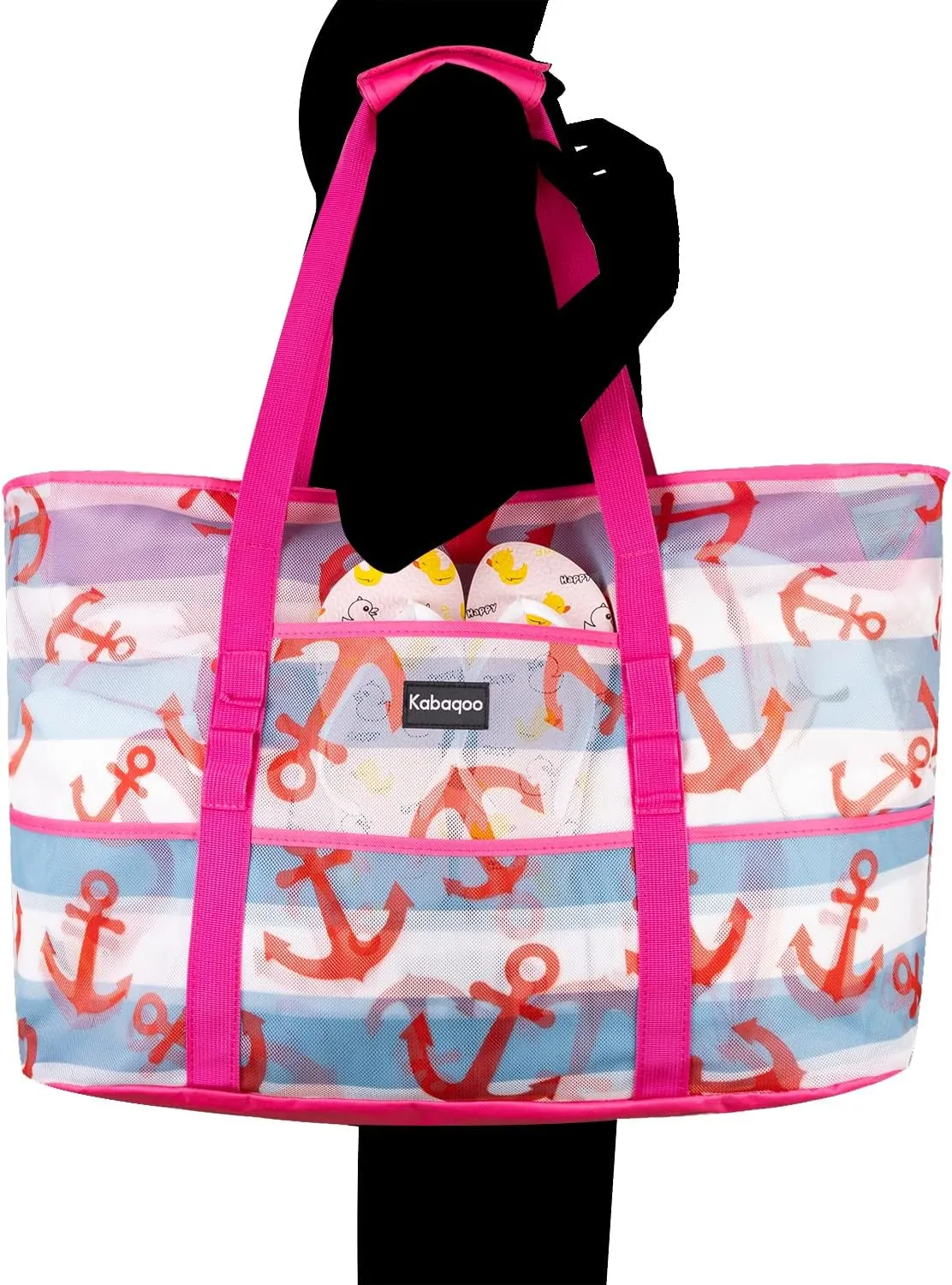 KABAQOO Mesh Beach Bag, Extra Large Beach Bags with 9 Pockets & Zipper Waterproof Lightweight Beach Tote for Beach/Pool Trip