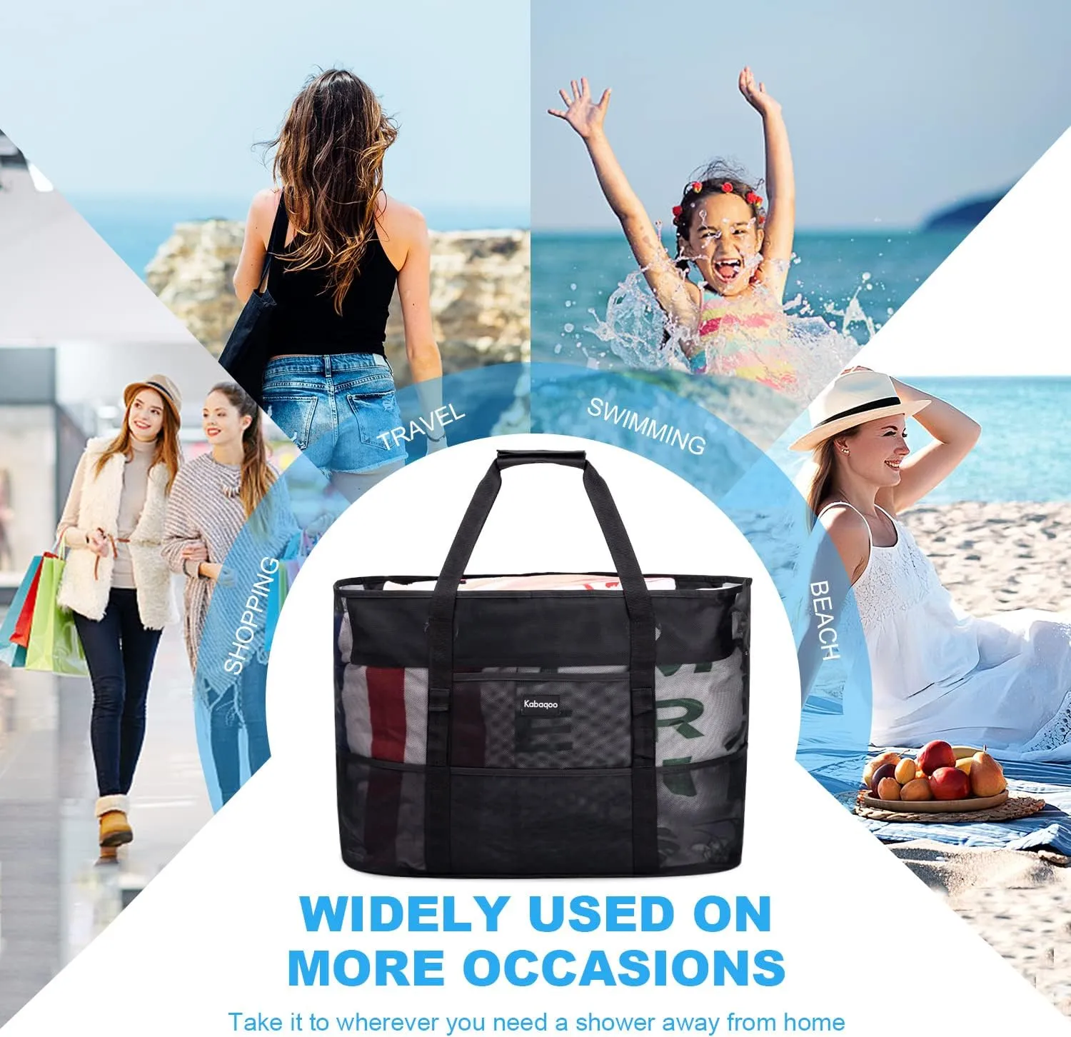 KABAQOO Mesh Beach Bag, Extra Large Beach Bags with 9 Pockets & Zipper Waterproof Lightweight Beach Tote for Beach/Pool Trip