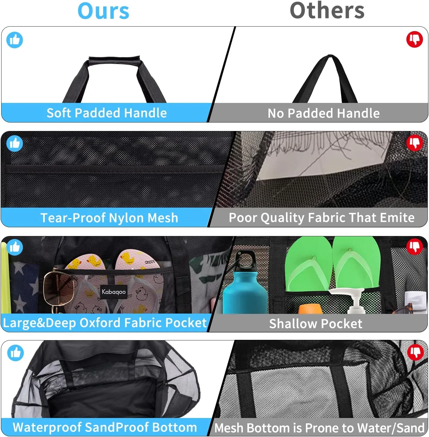 KABAQOO Mesh Beach Bag, Extra Large Beach Bags with 9 Pockets & Zipper Waterproof Lightweight Beach Tote for Beach/Pool Trip