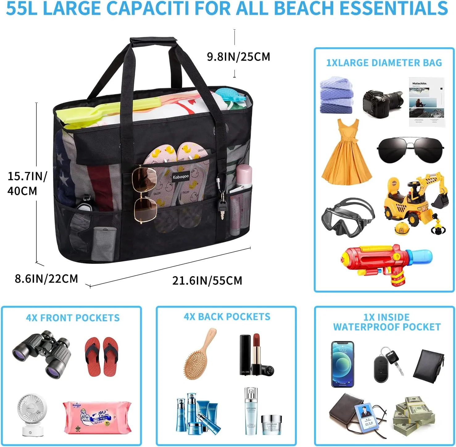 KABAQOO Mesh Beach Bag, Extra Large Beach Bags with 9 Pockets & Zipper Waterproof Lightweight Beach Tote for Beach/Pool Trip