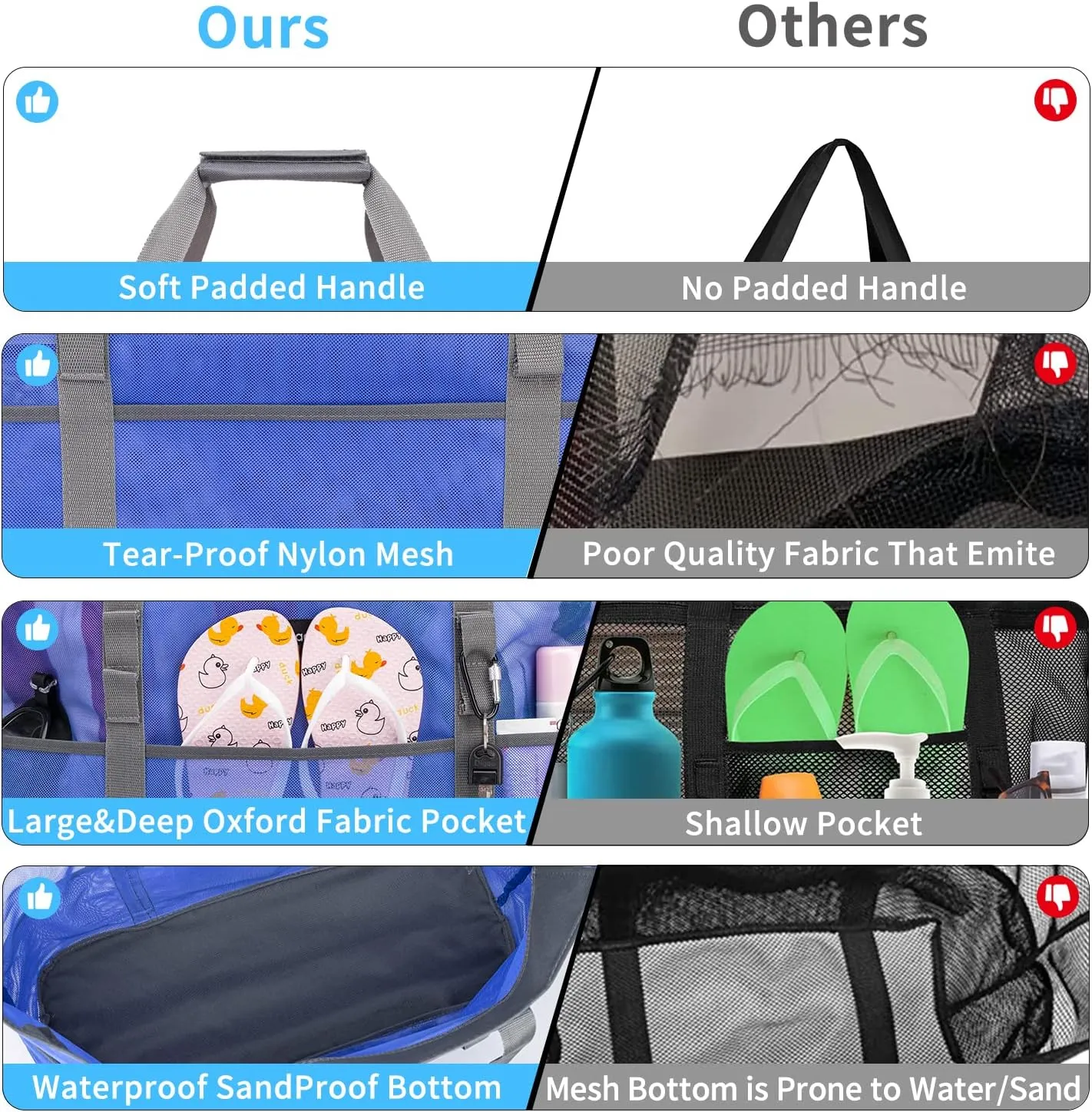 KABAQOO Mesh Beach Bag, Extra Large Beach Bags with 9 Pockets & Zipper Waterproof Lightweight Beach Tote for Beach/Pool Trip
