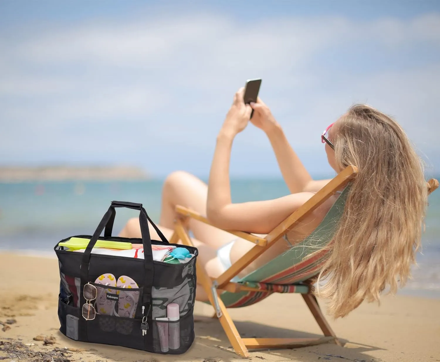 KABAQOO Mesh Beach Bag, Extra Large Beach Bags with 9 Pockets & Zipper Waterproof Lightweight Beach Tote for Beach/Pool Trip