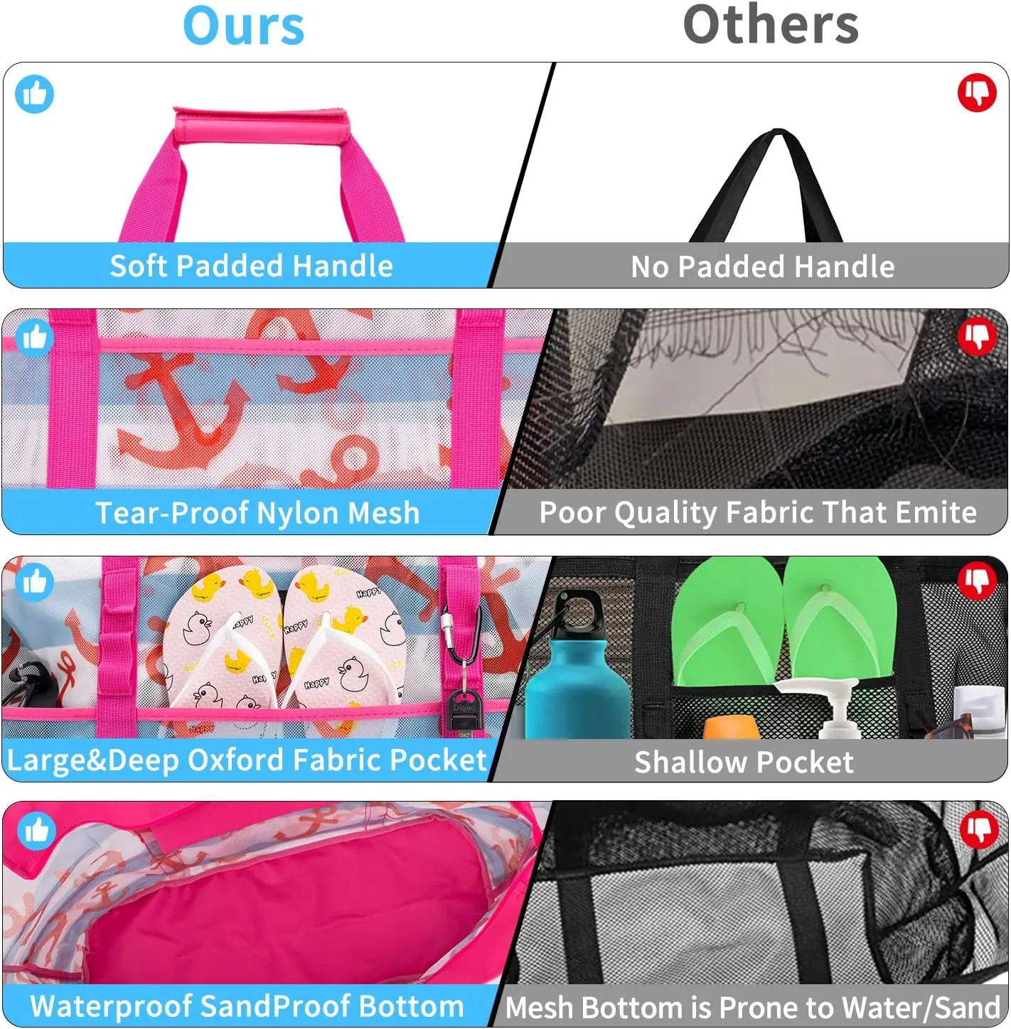 KABAQOO Mesh Beach Bag, Extra Large Beach Bags with 9 Pockets & Zipper Waterproof Lightweight Beach Tote for Beach/Pool Trip