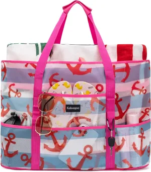 KABAQOO Mesh Beach Bag, Extra Large Beach Bags with 9 Pockets & Zipper Waterproof Lightweight Beach Tote for Beach/Pool Trip