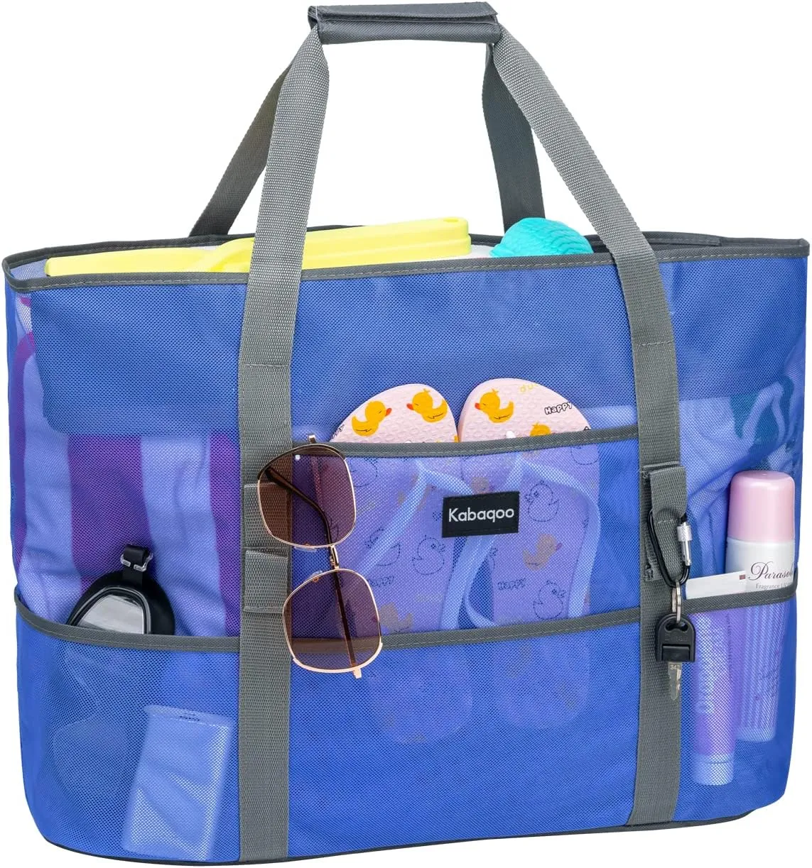 KABAQOO Mesh Beach Bag, Extra Large Beach Bags with 9 Pockets & Zipper Waterproof Lightweight Beach Tote for Beach/Pool Trip