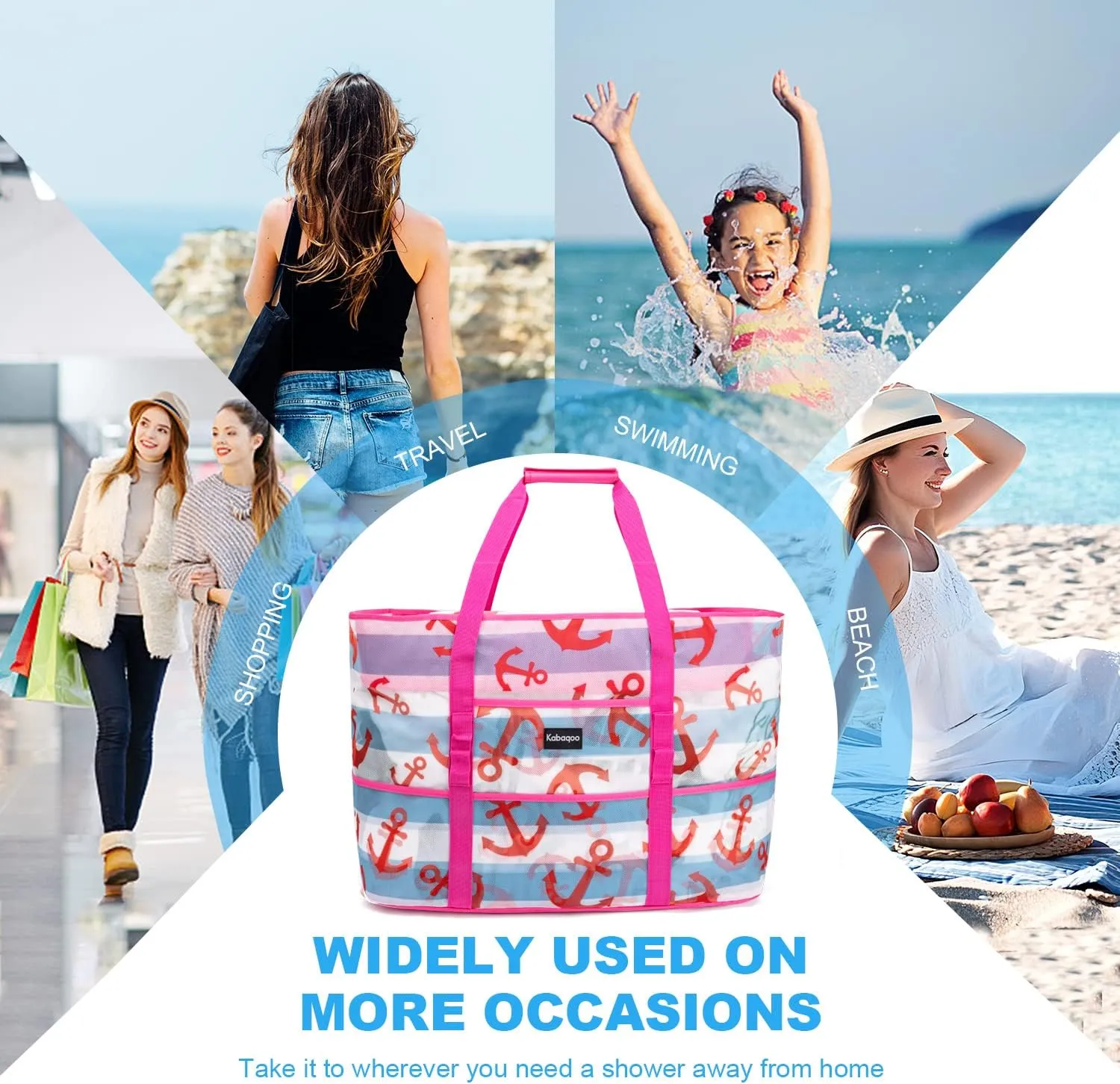 KABAQOO Mesh Beach Bag, Extra Large Beach Bags with 9 Pockets & Zipper Waterproof Lightweight Beach Tote for Beach/Pool Trip