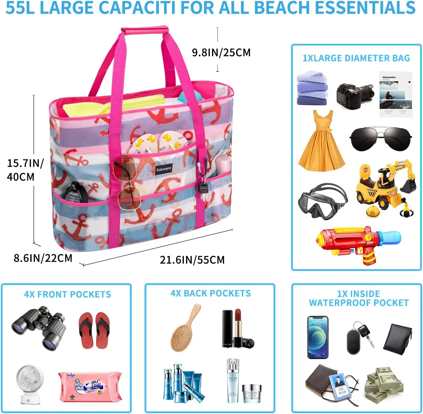 KABAQOO Mesh Beach Bag, Extra Large Beach Bags with 9 Pockets & Zipper Waterproof Lightweight Beach Tote for Beach/Pool Trip