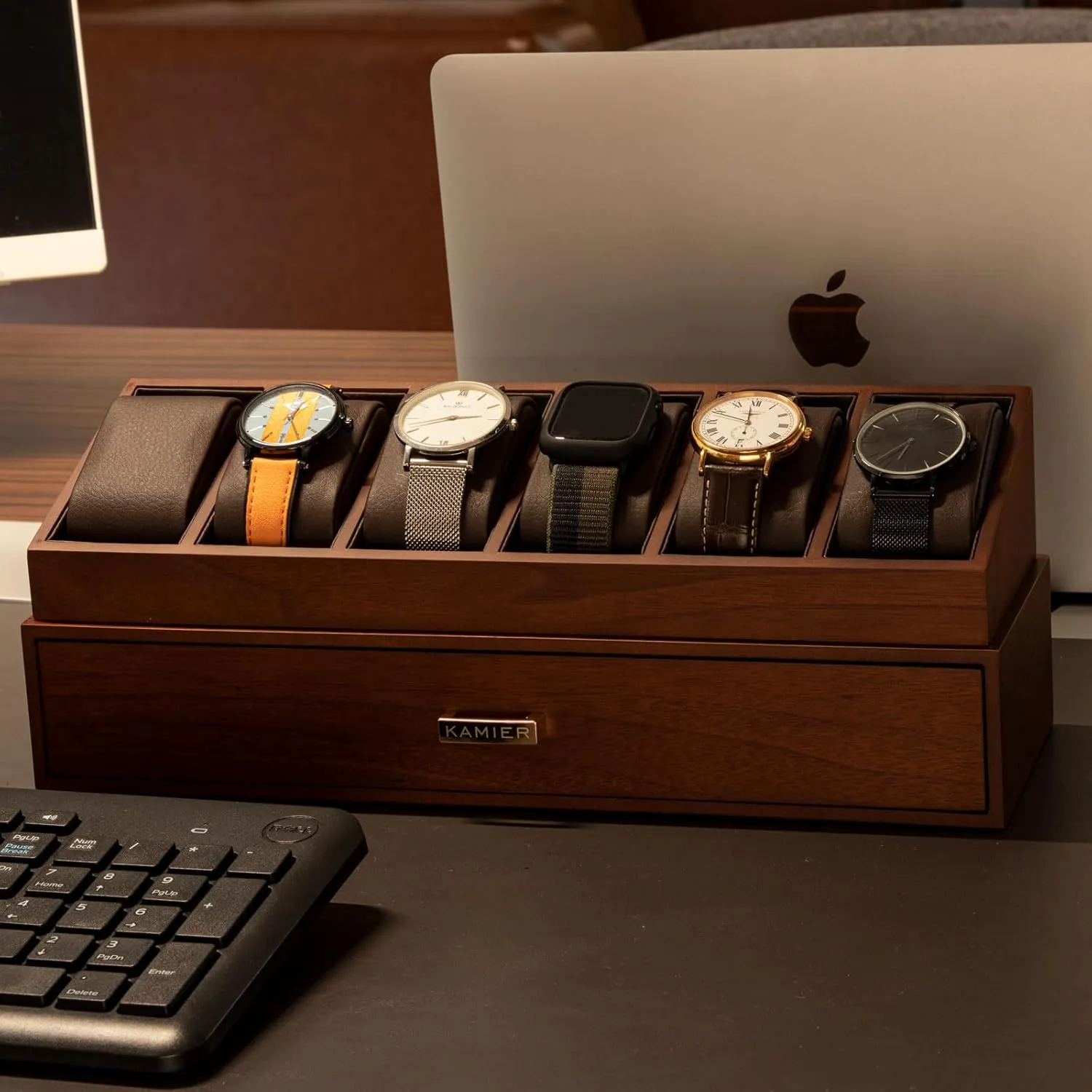 KAMIER High End Wooden Watch Box with 6 Slots & Glass Lid - 2-Layer Jewelry Organizer for Men - Watch Display Case, Ideal Business Gift for Watch Enthusiasts （with Gift Box）, Walnut