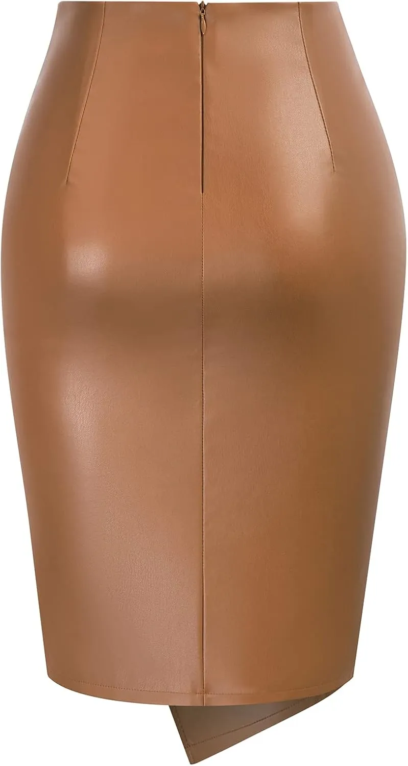 Kate Kasin Women's Faux Leather High Waist Wrap Knit Bodycon Midi Skirt for Business Casual Pencil Skirt
