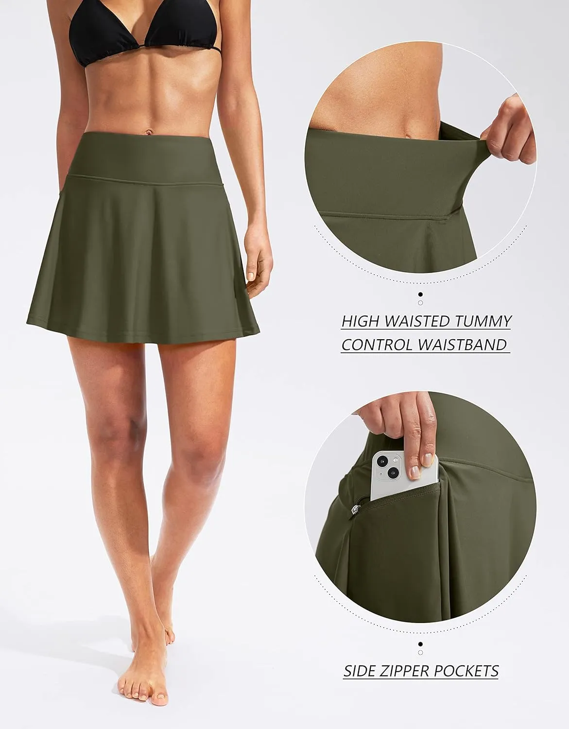 Kayrth Women's High Waisted Swim Skirt with Zipper Pockets Tummy Control Bathing Suit Swimsuit Tankini Bottoms