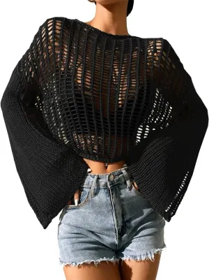 Kedera Womens Crochet Tops Long Sleeve Hollow Out Swim Cover Up Beach Bikini Swimsuit Summer Tunic Top