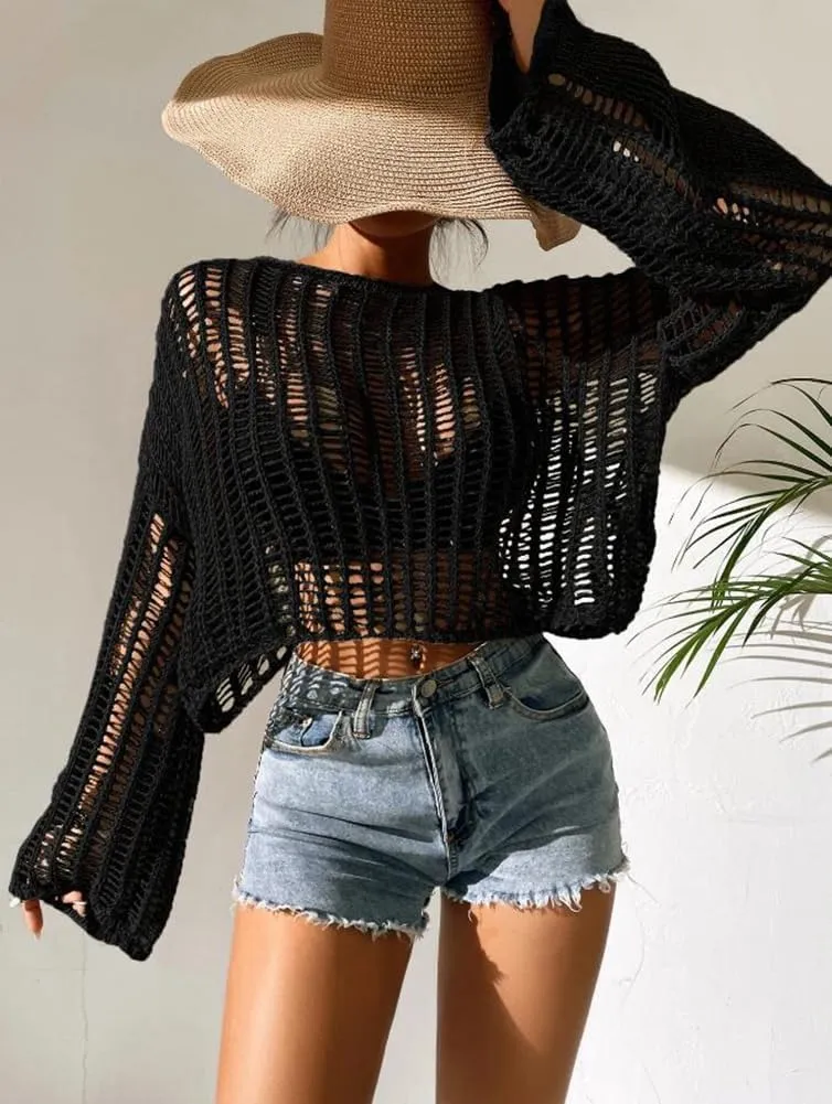 Kedera Womens Crochet Tops Long Sleeve Hollow Out Swim Cover Up Beach Bikini Swimsuit Summer Tunic Top