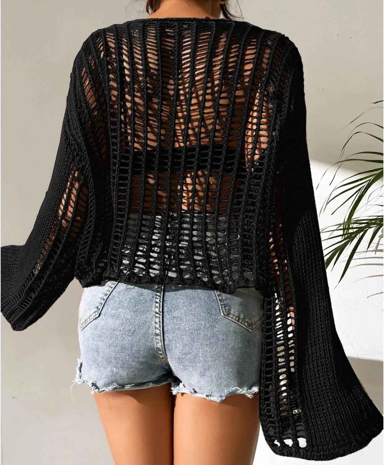 Kedera Womens Crochet Tops Long Sleeve Hollow Out Swim Cover Up Beach Bikini Swimsuit Summer Tunic Top