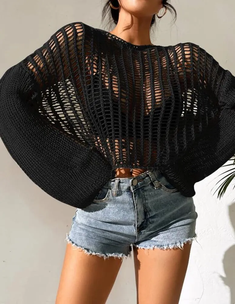 Kedera Womens Crochet Tops Long Sleeve Hollow Out Swim Cover Up Beach Bikini Swimsuit Summer Tunic Top