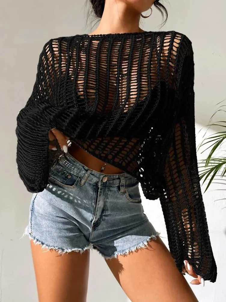 Kedera Womens Crochet Tops Long Sleeve Hollow Out Swim Cover Up Beach Bikini Swimsuit Summer Tunic Top