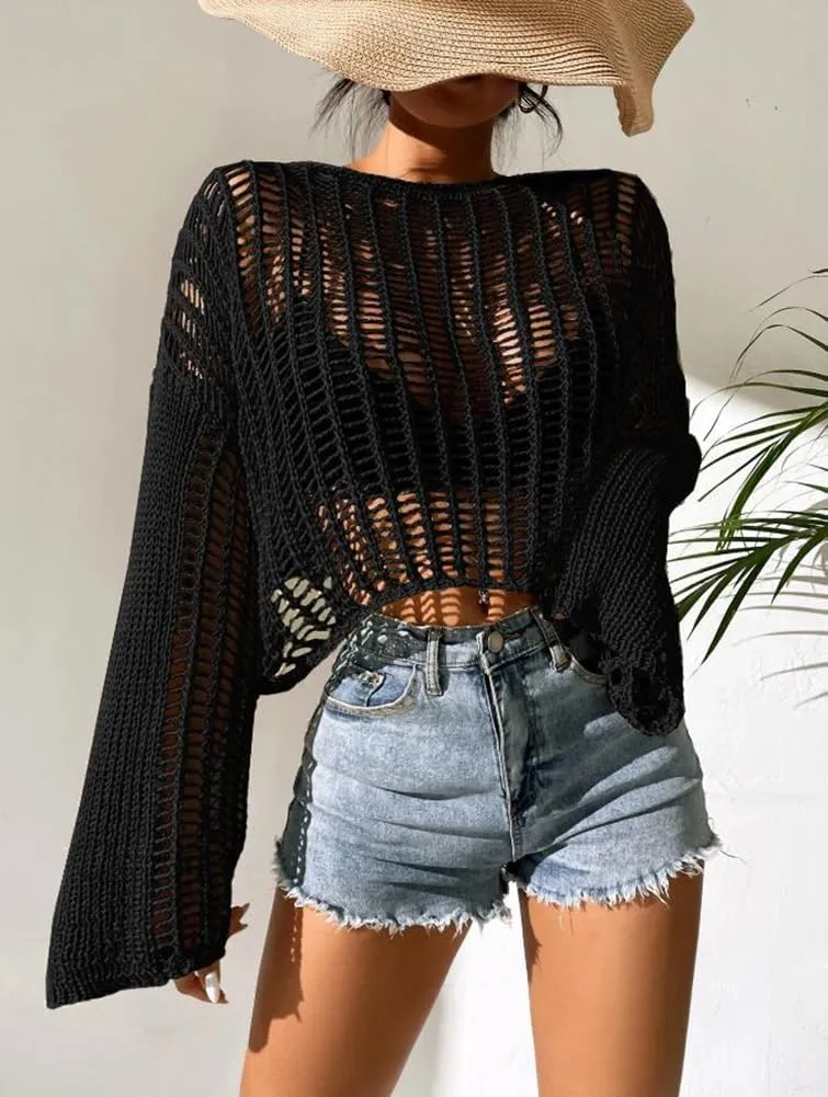 Kedera Womens Crochet Tops Long Sleeve Hollow Out Swim Cover Up Beach Bikini Swimsuit Summer Tunic Top