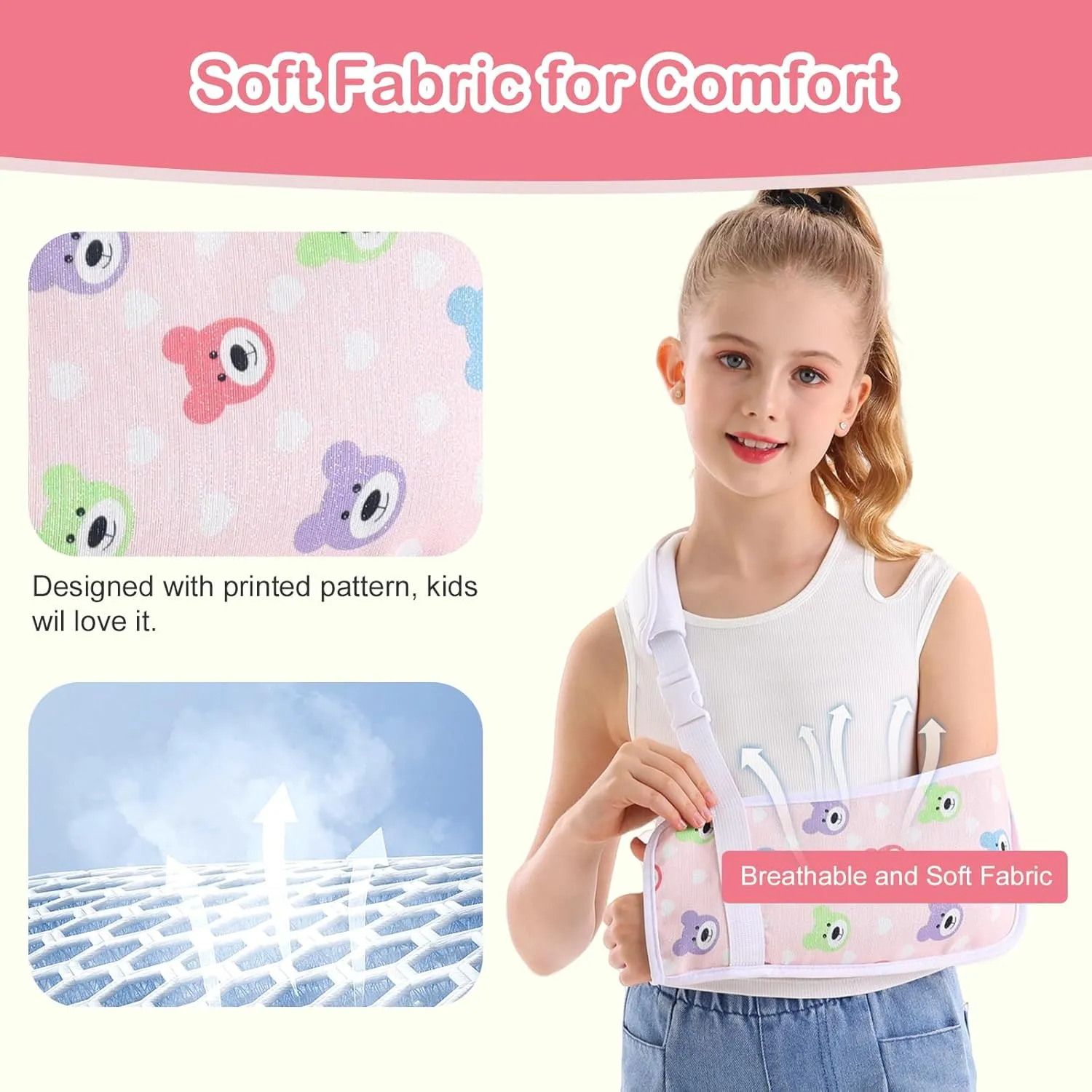Kids Arm Sling for Broken Arm Torn Rotator Cuff Shoulder Elbow Wrist injury Printed Pediatric Child Toddler Brace Support for Children Girls with Bear (Pink, Large)
