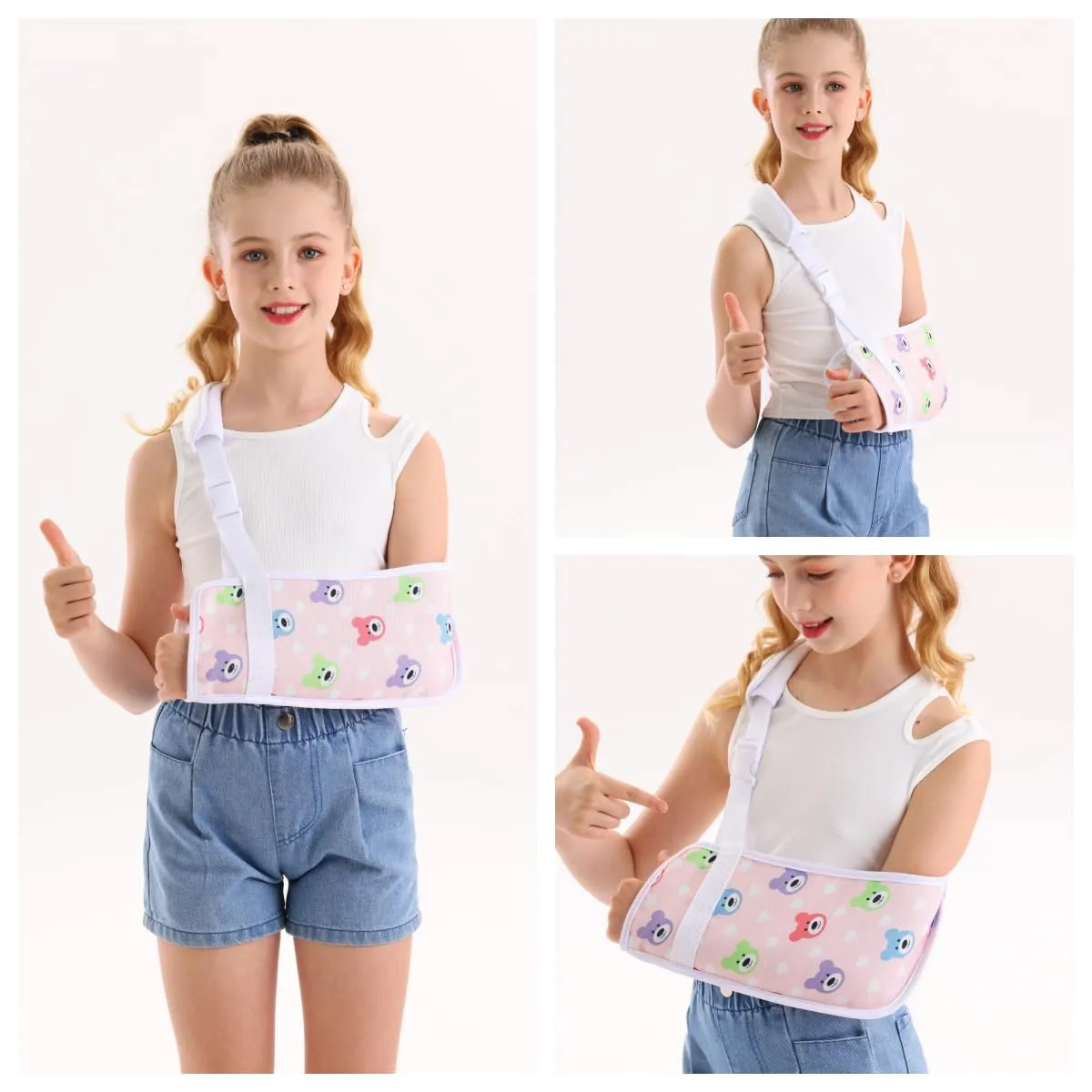 Kids Arm Sling for Broken Arm Torn Rotator Cuff Shoulder Elbow Wrist injury Printed Pediatric Child Toddler Brace Support for Children Girls with Bear (Pink, Large)