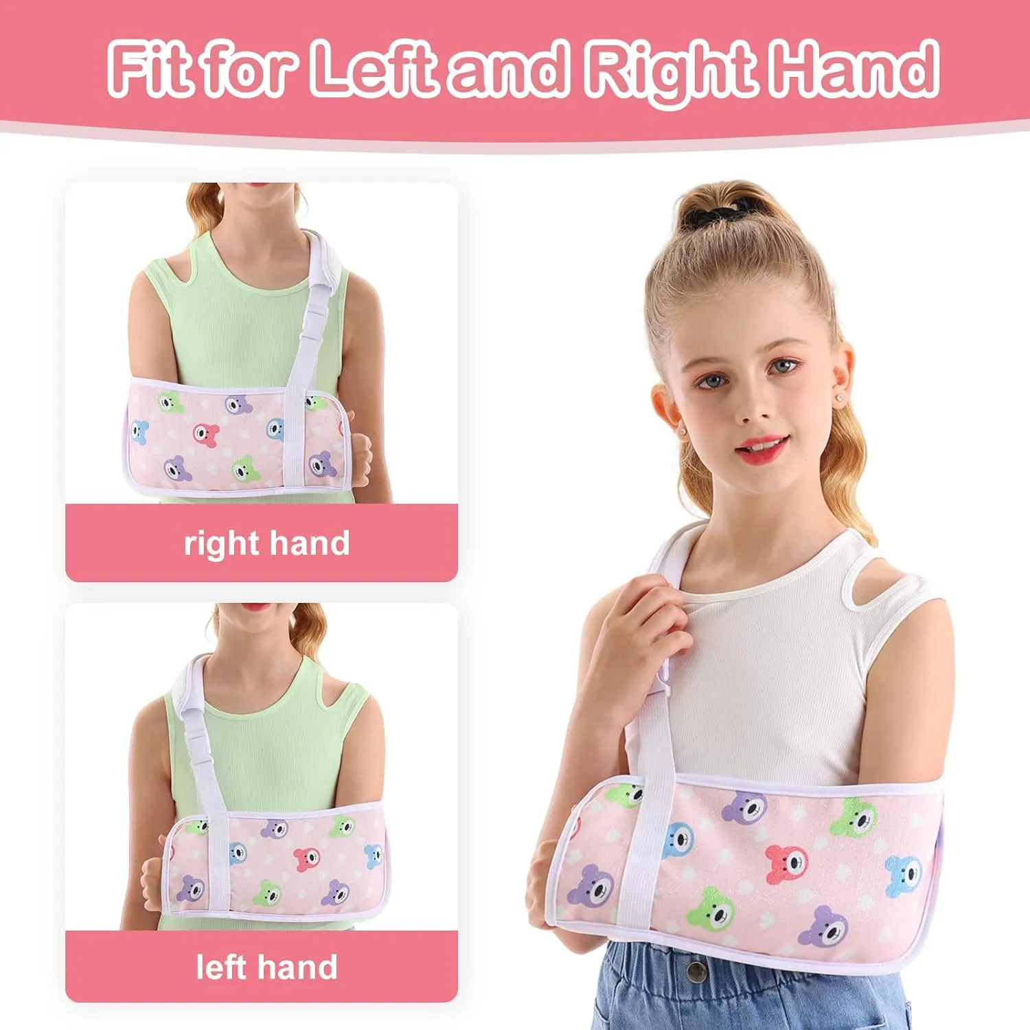Kids Arm Sling for Broken Arm Torn Rotator Cuff Shoulder Elbow Wrist injury Printed Pediatric Child Toddler Brace Support for Children Girls with Bear (Pink, Large)