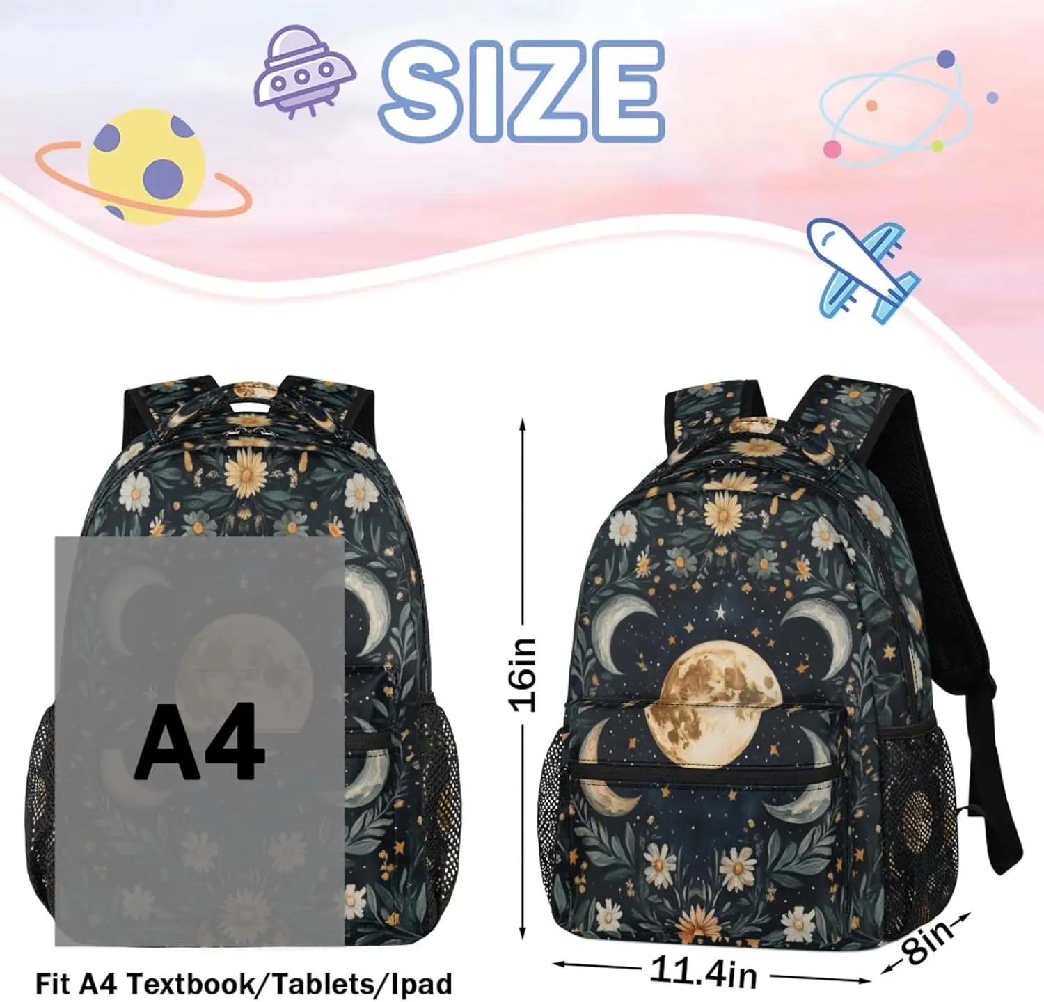 Kids Backpacks for Boys Girls - 16 Inch Moon Schoolbag Lightweight Waterproof Book Bag for Preschool, Kindergarten, Elementary Back to School Children