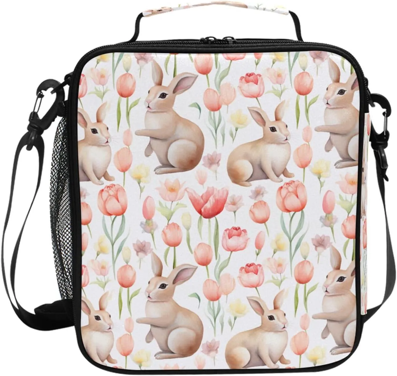 Kids Lunch Bag for Boys Girls Watercolor Rabbit Tulip Pattern Insulated Lunch Box with Shoulder Strap Reusable Cooler Bags Organizer Lunch Tote Bag for School Picnic Beach