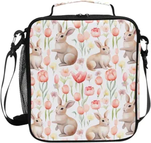 Kids Lunch Bag for Boys Girls Watercolor Rabbit Tulip Pattern Insulated Lunch Box with Shoulder Strap Reusable Cooler Bags Organizer Lunch Tote Bag for School Picnic Beach